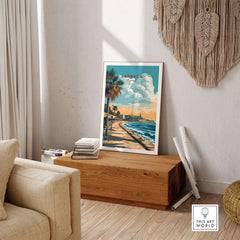Larnaca Print Cyprus Beachfront Promenade - Mediterranean Coastal Wall Art displayed in a chic living room setting.