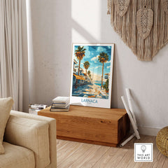 Larnaca Cyprus Finikoudes Beach Wall Art - Cyprus Seaside Town Print displayed in a cozy living room setting.
