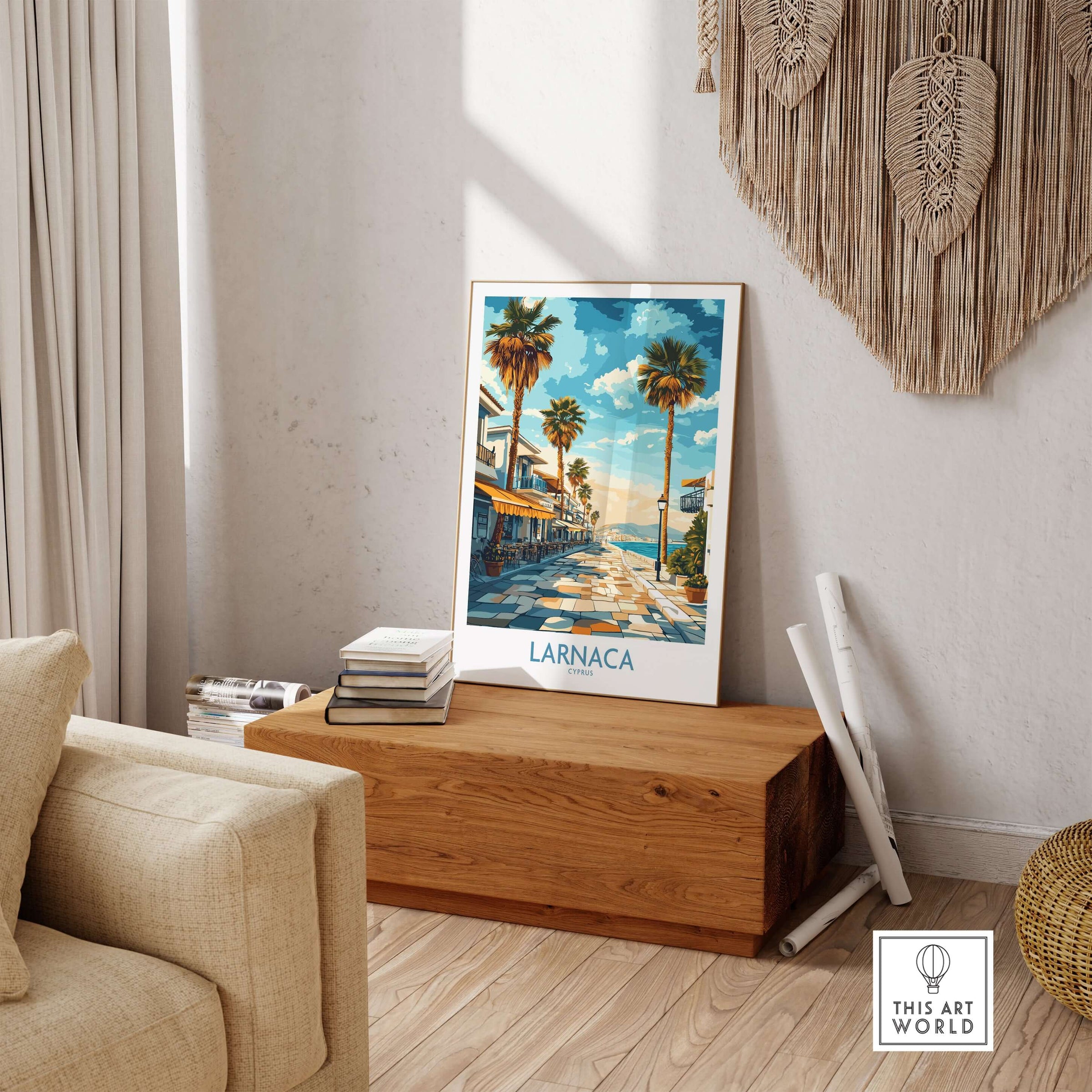 Larnaca Cyprus Finikoudes Beach Wall Art - Cyprus Seaside Town Print displayed in a cozy living room setting.