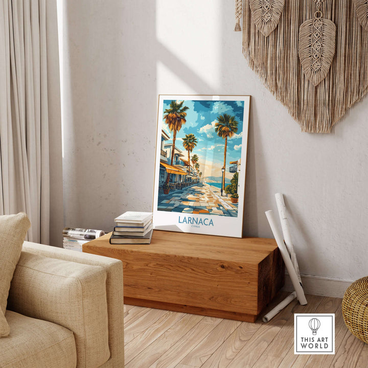 Larnaca Cyprus Finikoudes Beach wall art print displayed in a stylish living room setting
