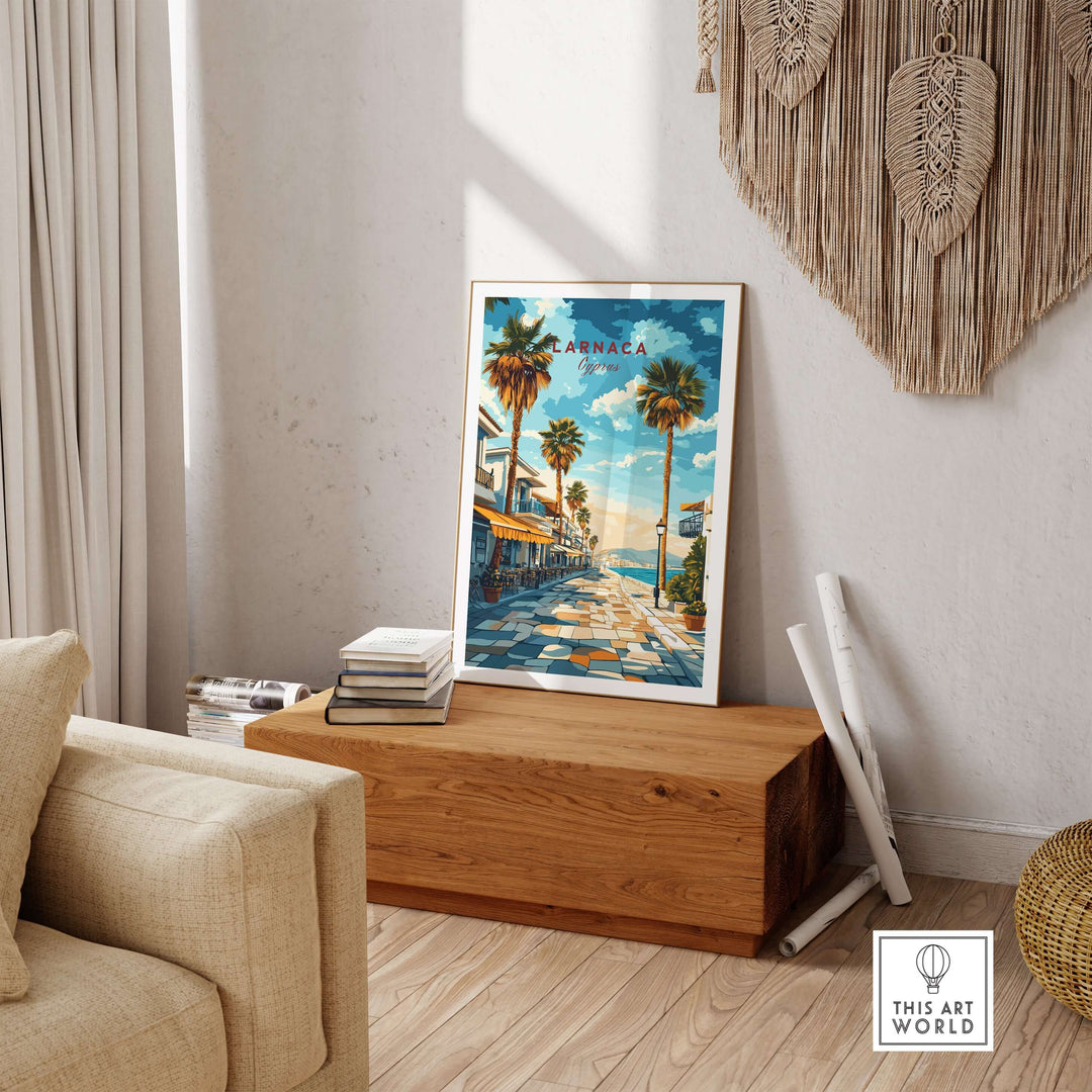 Larnaca Cyprus travel poster showcasing coastal beauty and palm trees in a stylish home setting.