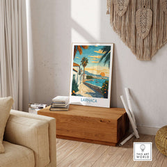 Larnaca Cyprus Wall Art - Cyprus Travel Poster displayed in a cozy living room setting with coastal views.