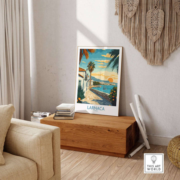 Larnaca Cyprus wall art travel poster showcasing coastal views and vibrant colors in a cozy interior setting.