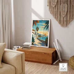 Larnaca Cyprus Sunset Print - Mediterranean Seascape Poster displayed in a cozy living room setting.