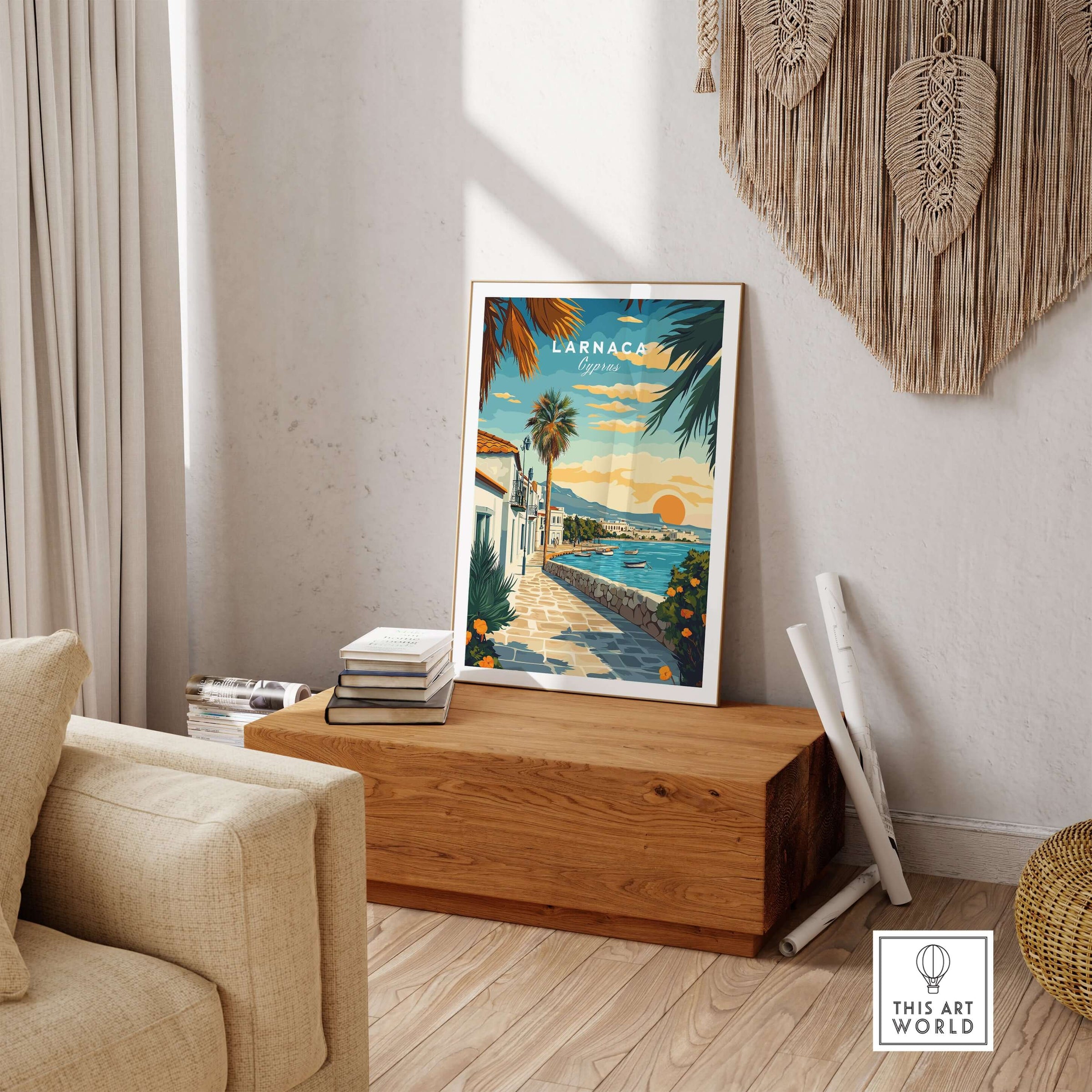 Larnaca Cyprus Sunset Print - Mediterranean Seascape Poster displayed in a cozy living room setting.