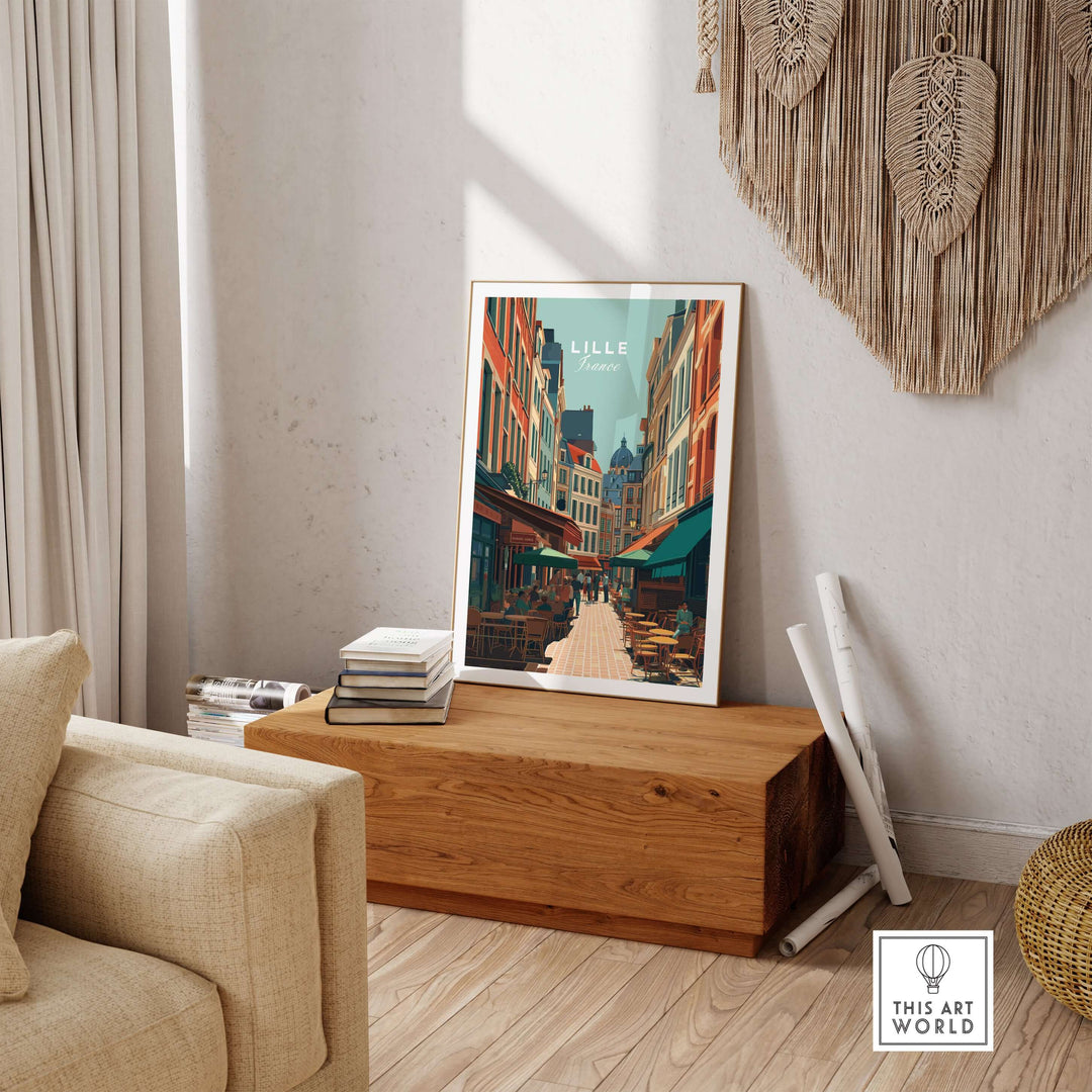 Lille France Old Town Square poster showcasing charming European architecture in a cozy interior setting.
