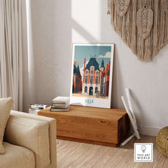 Lille France Poster - Charming European City Scene displayed in a cozy living room setting on a wooden table.