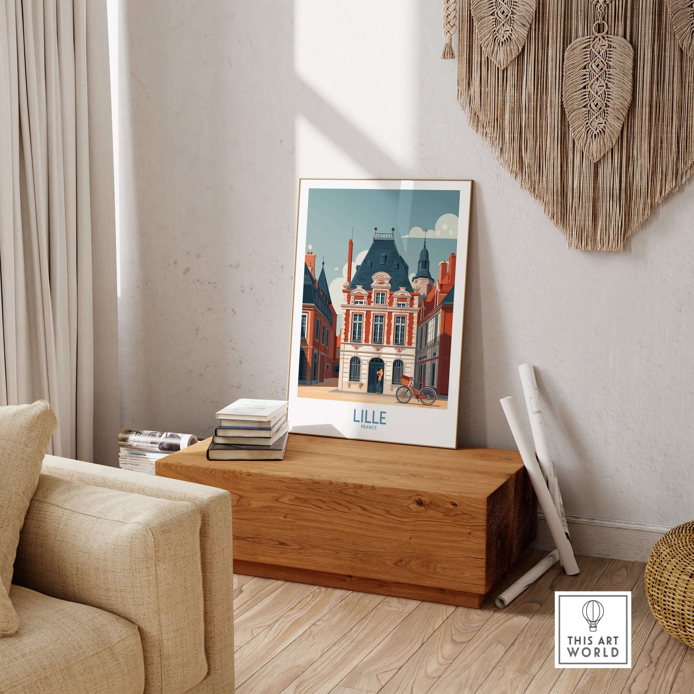 Lille France Poster - Charming European City Scene displayed in a cozy living room setting on a wooden table.