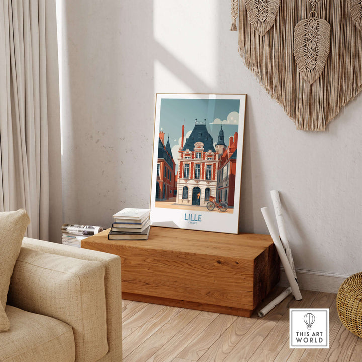 Charming Lille France poster displayed in a cozy living room setting, showcasing a classic European city scene.