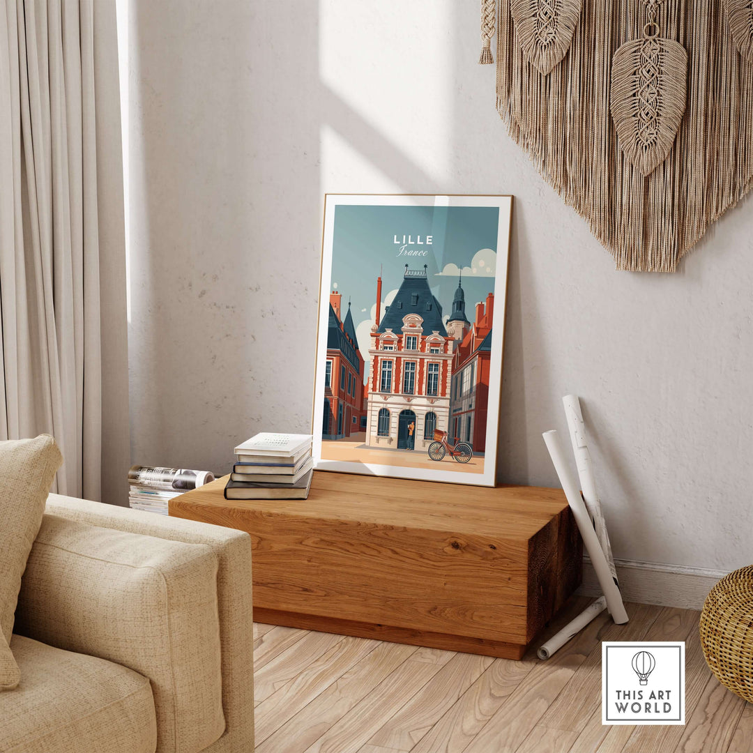 Lille France print displaying historic city architecture in stylish living room setting.