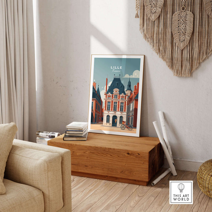 Lille France print displaying historic city architecture in stylish living room setting.