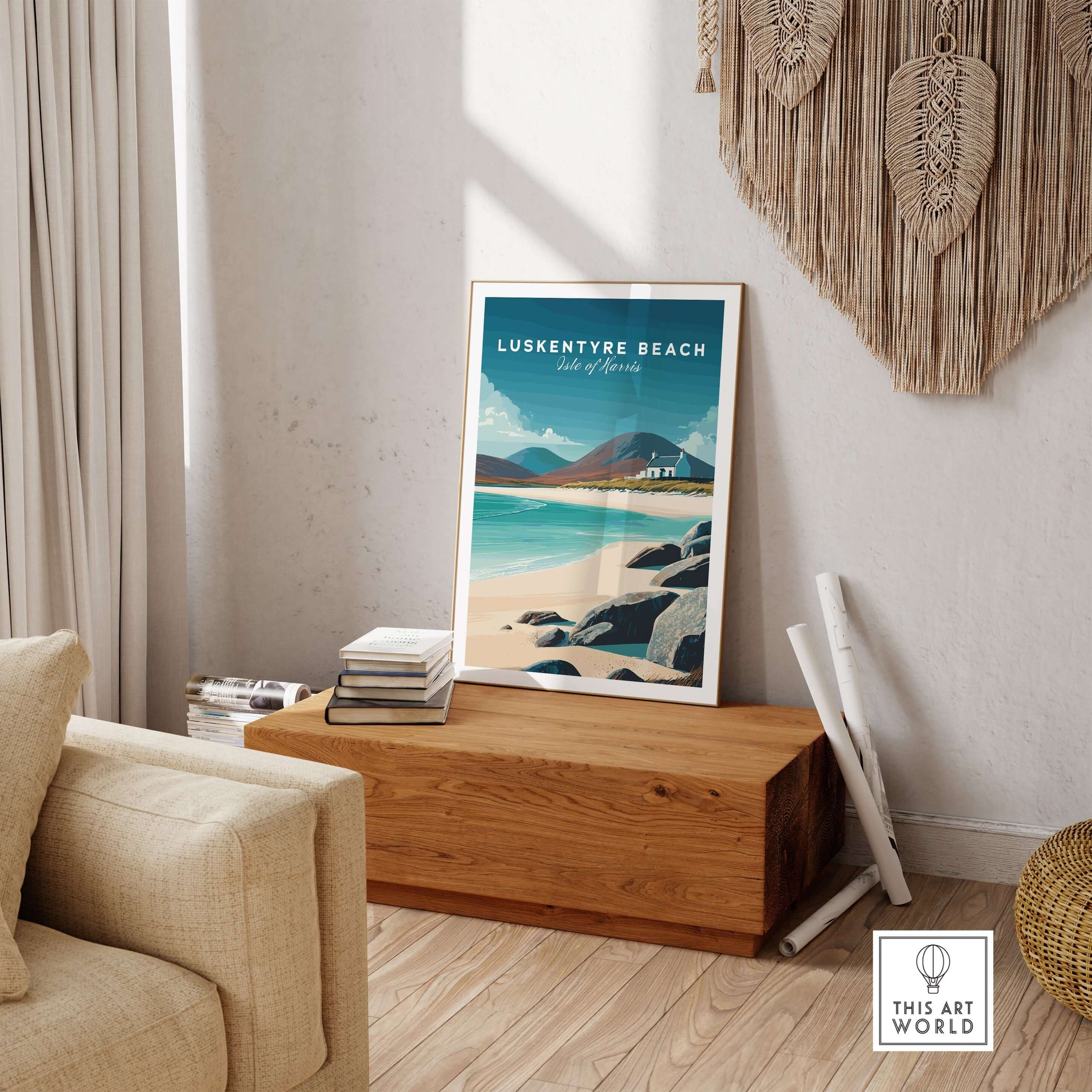 Luskentyre Beach Print Isle of Harris White Sand Coastal Poster - Scottish Island Wall Art displayed in a cozy living room.