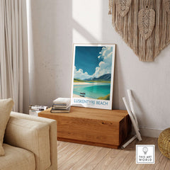 Luskentyre Beach Isle of Harris Wall Art - Remote Island Travel Print displayed in a stylish living room setting.