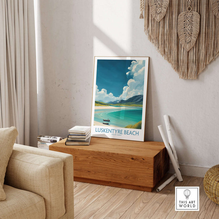 Luskentyre Beach Isle of Harris wall art print in a cozy interior setting, showcasing serene coastal beauty.