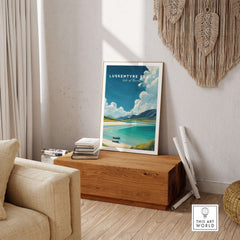 Luskentyre Beach Print Isle of Harris Print - Scottish Coastal Landscape Poster displayed in a cozy interior.