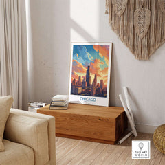 Chicago travel poster showcasing a vibrant sunset over the city skyline, perfect for home decor and gifting.
