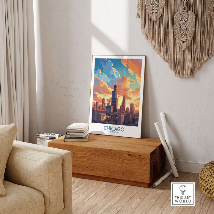 Chicago travel poster showcasing a vibrant sunset over the city skyline, perfect for home decor and gifting.