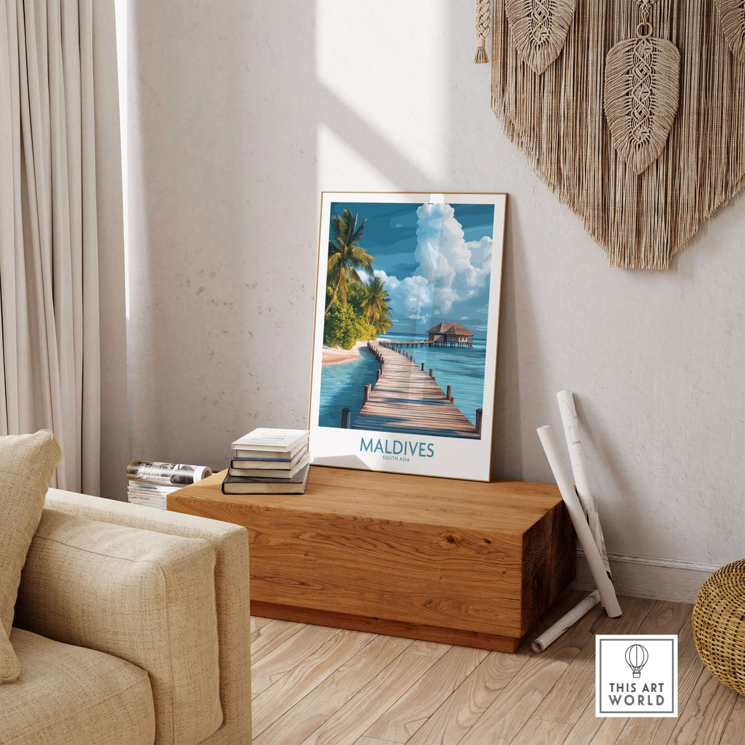 Maldives Wall Art Print - Beach displayed in a cozy interior, showcasing a serene beach scene and tropical vibes.