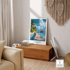 Maldives Wall Art Print - Beach displayed in a cozy living room, showcasing a tropical beach scene and calming colors.