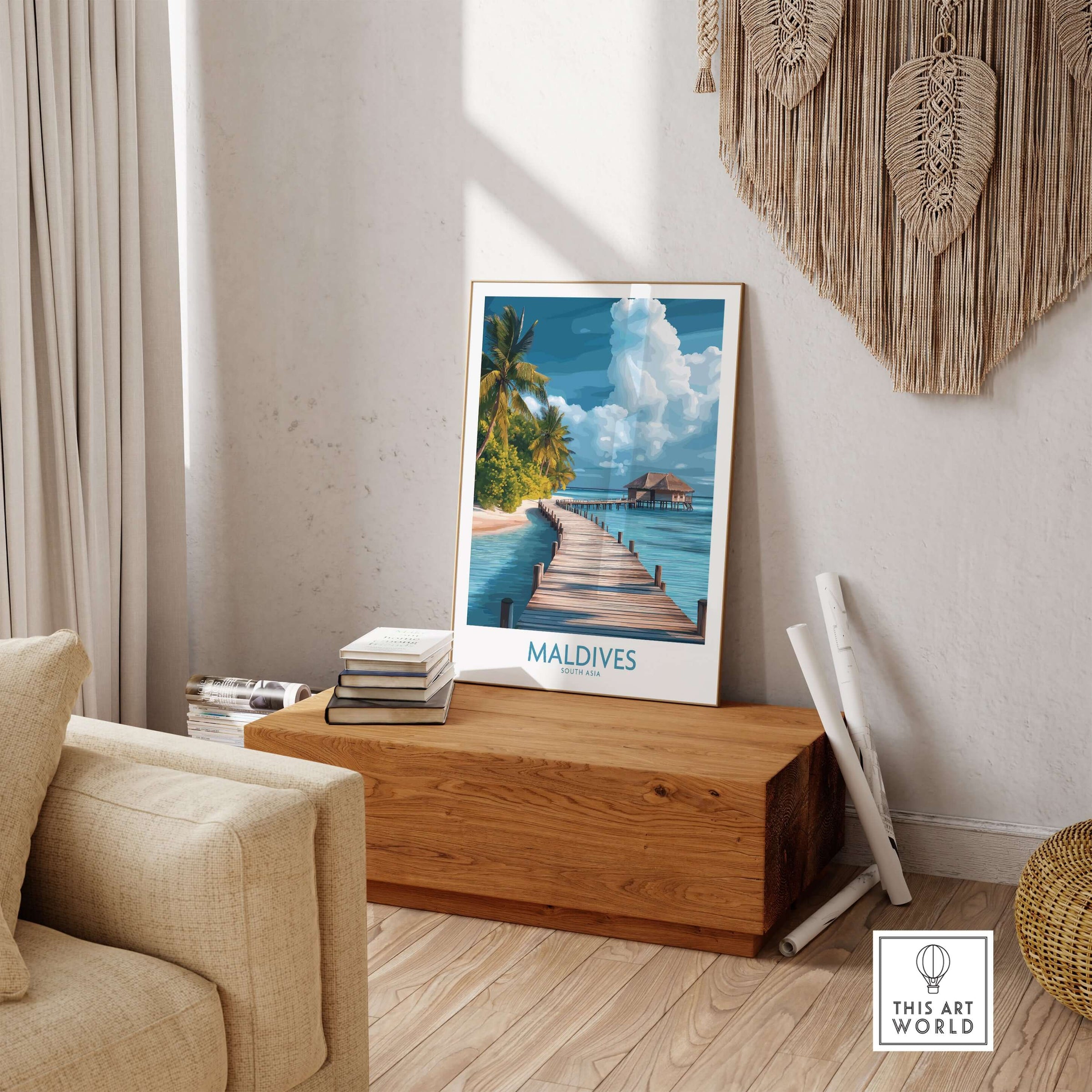 Maldives Wall Art Print - Beach displayed in a cozy living room, showcasing a tropical beach scene and calming colors.