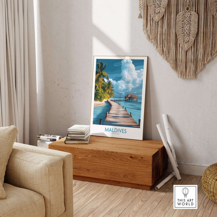 Maldives Wall Art Print - Beach displayed in a cozy interior, showcasing a serene beach scene and tropical vibes.