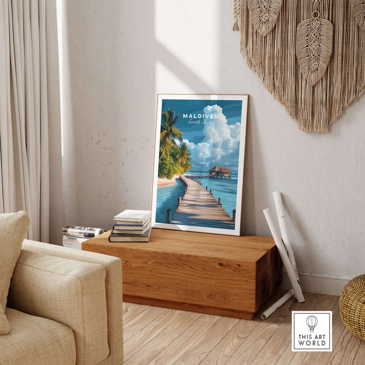 Maldives Travel Print - Beach Scene beautifully displayed in a cozy living room setting.