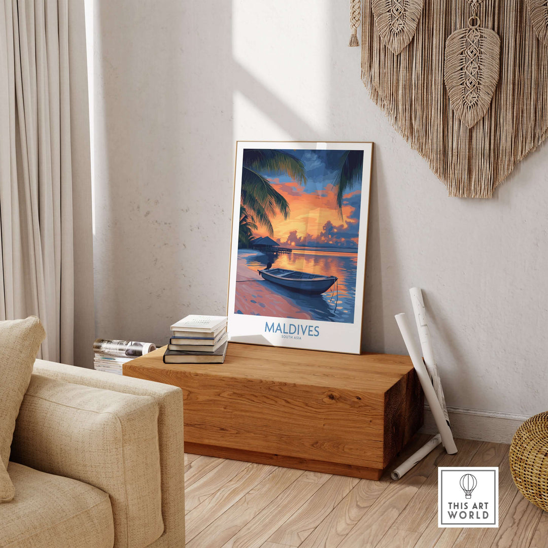 Maldives Wall Art Print - Sunset displayed in a cozy living room, showcasing a vibrant sunset and boat.