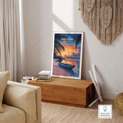 Maldives Travel Print - Sunset displayed in a cozy living room with a wooden decor, capturing tropical vibes.