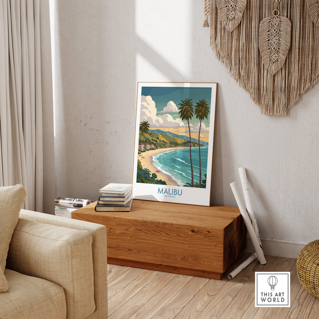 Malibu California beach poster featuring coastal views and palm trees, perfect for beach lovers and home decor.