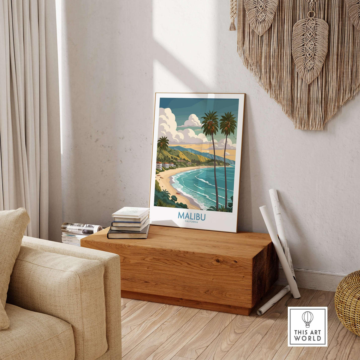 Malibu California Poster - Beach Print displayed in a cozy living room, featuring iconic Malibu coastal views and palm trees.