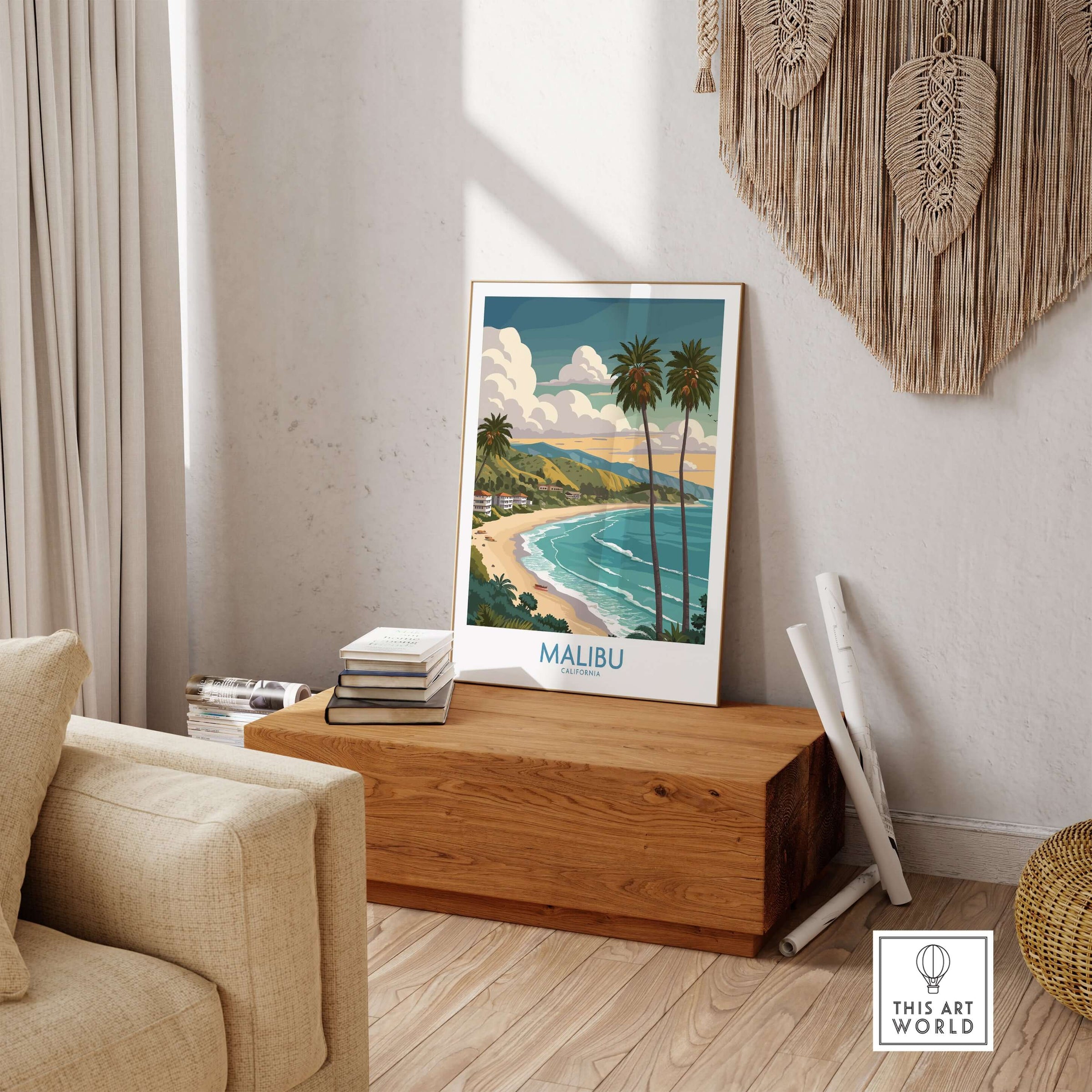 Malibu California Poster - Beach Print displayed in a cozy living room, featuring iconic Malibu coastal views and palm trees.