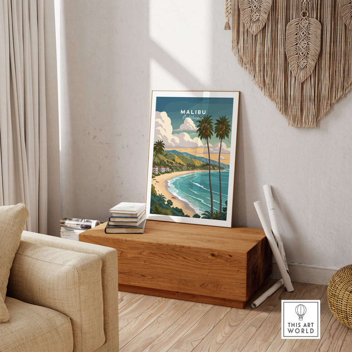Malibu California beach print framed in a cozy room, showcasing vibrant waves and palm trees for coastal wall art.
