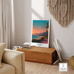 Malibu Poster California - California Beach Sunset Print displayed in a serene living room setting.