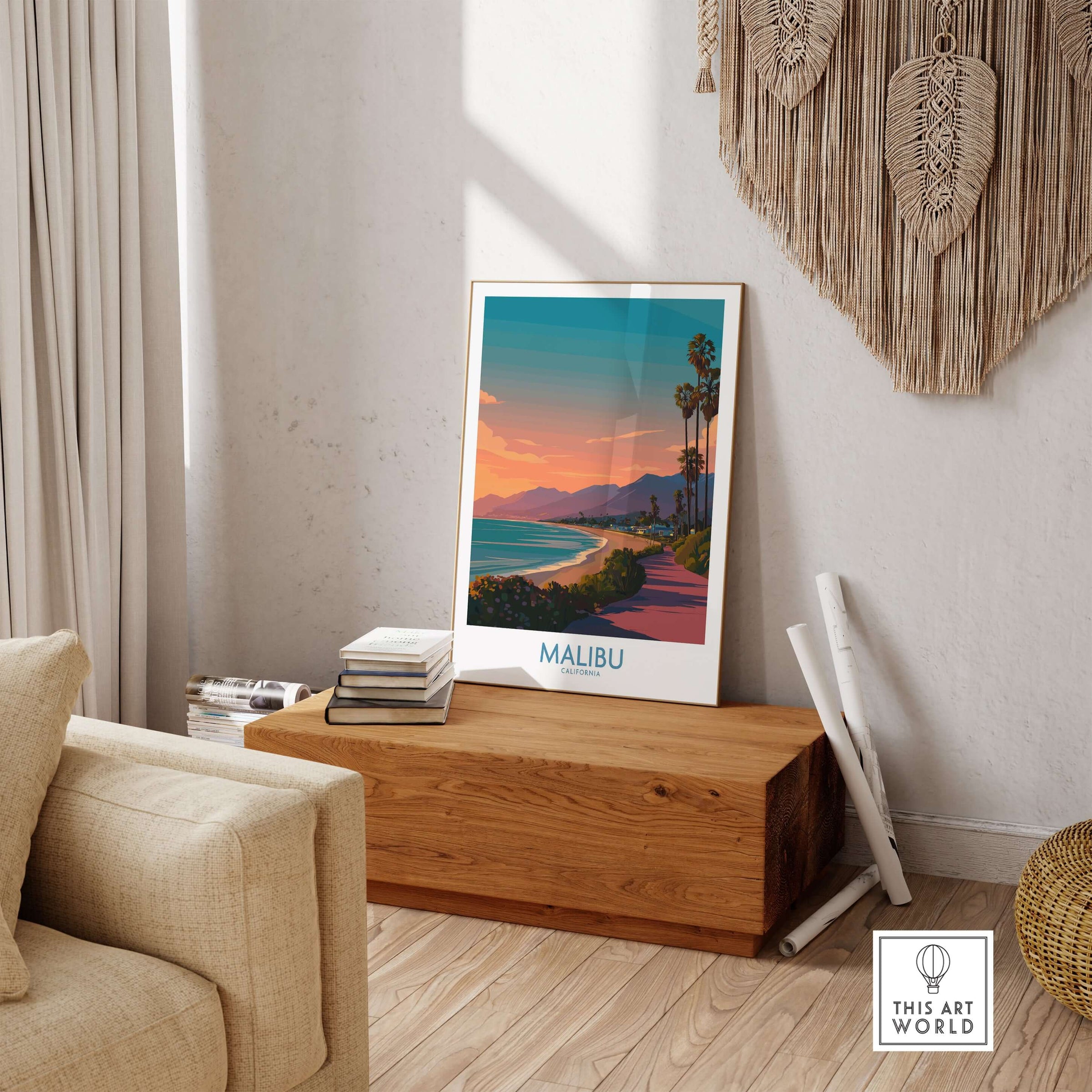 Malibu Poster California - California Beach Sunset Print displayed in a serene living room setting.