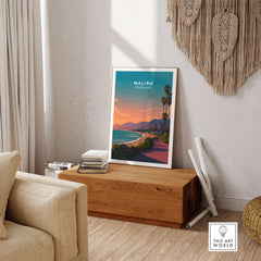 Malibu California Beach Sunset Print - Pacific Coast Highway Wall Art displayed in a cozy living room setting.