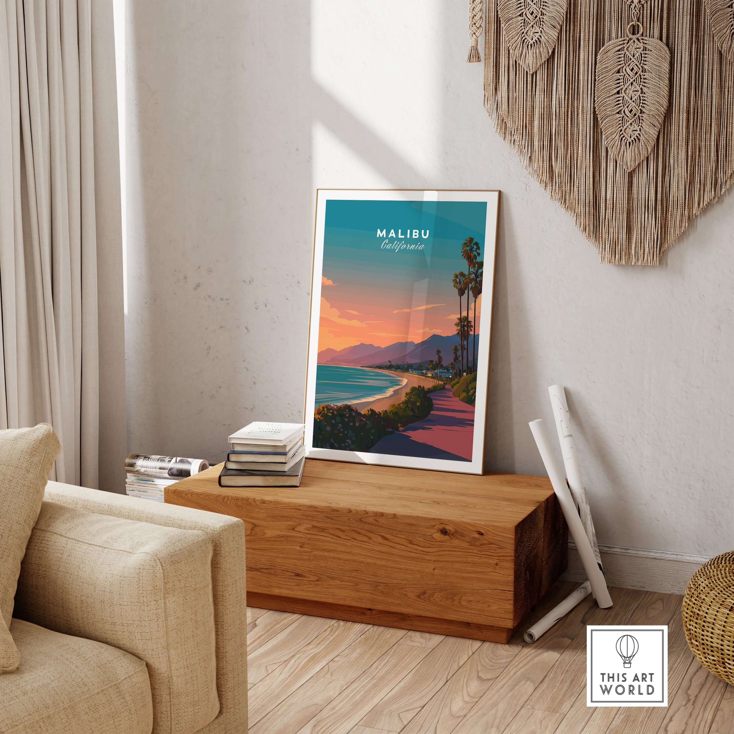 Malibu California Beach Sunset Print - Pacific Coast Highway Wall Art displayed in a cozy living room setting.
