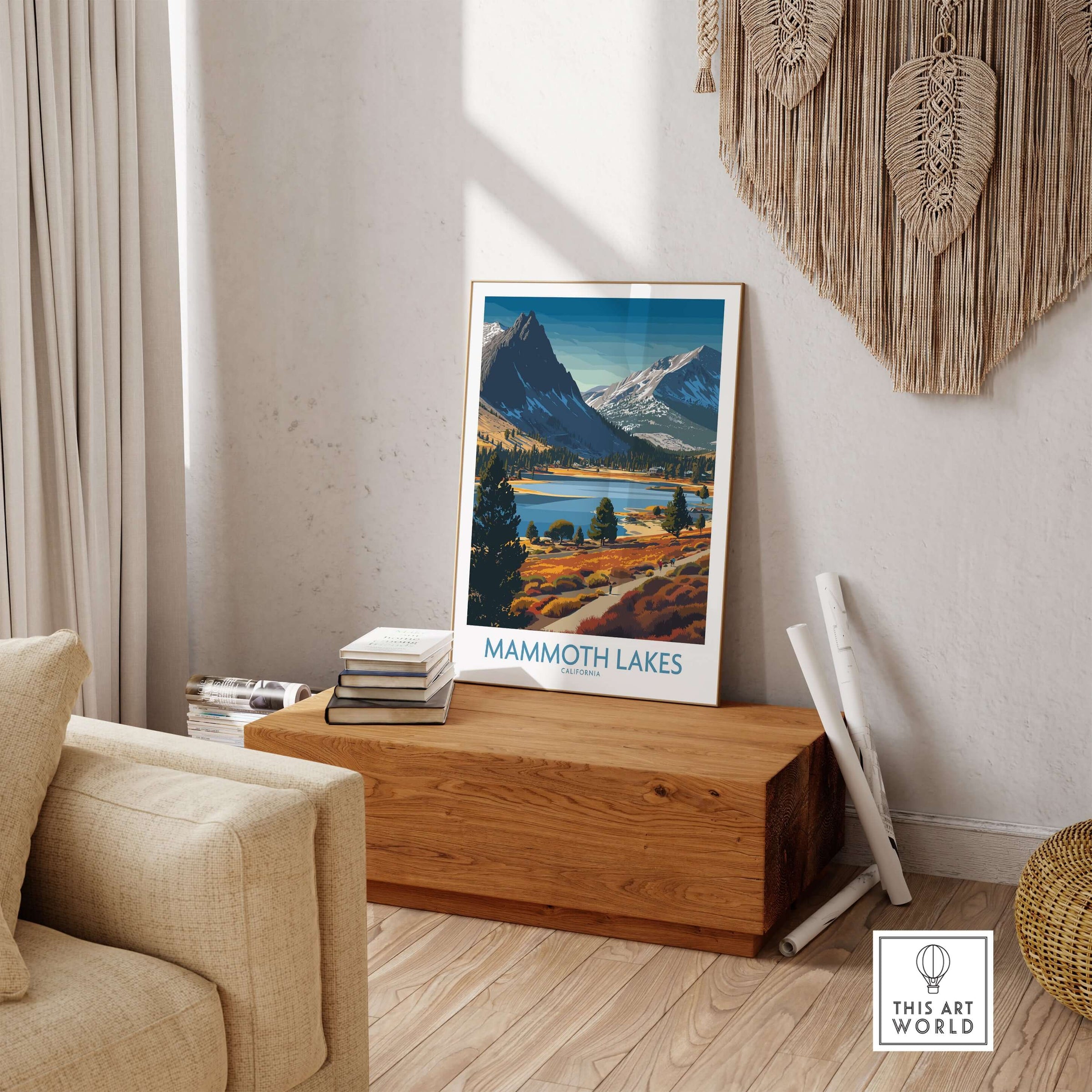 Mammoth Lakes California Wall Art - Eastern Sierra Travel Print displayed in a modern living room setting.