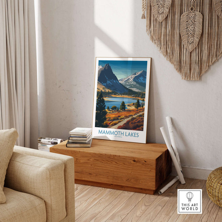 Mammoth Lakes California wall art print showcasing stunning mountains and lakes in a stylish living room setting.
