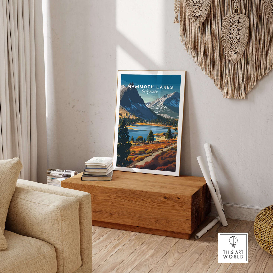 Mammoth Lakes California mountain trail print in a cozy living room setting with scenic Sierra Nevada landscape.