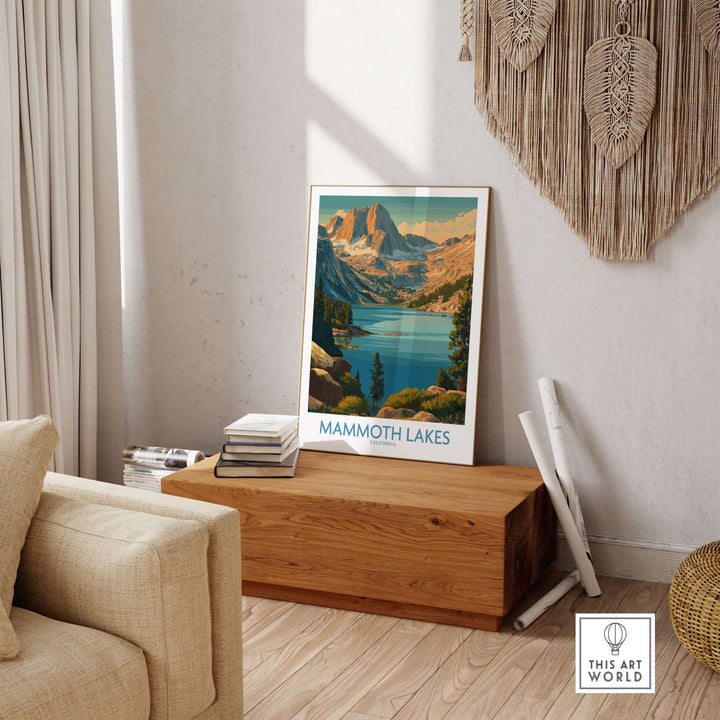 Mammoth Lakes poster showcasing stunning mountain landscapes in a cozy home setting.