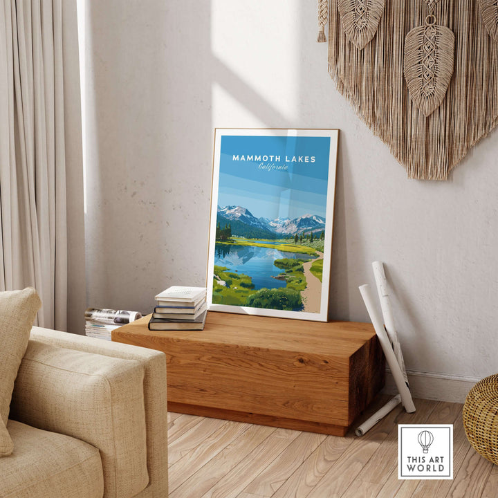Mammoth Lakes California scenic print showcasing serene mountain landscape and tranquil lake in a cozy room setting.