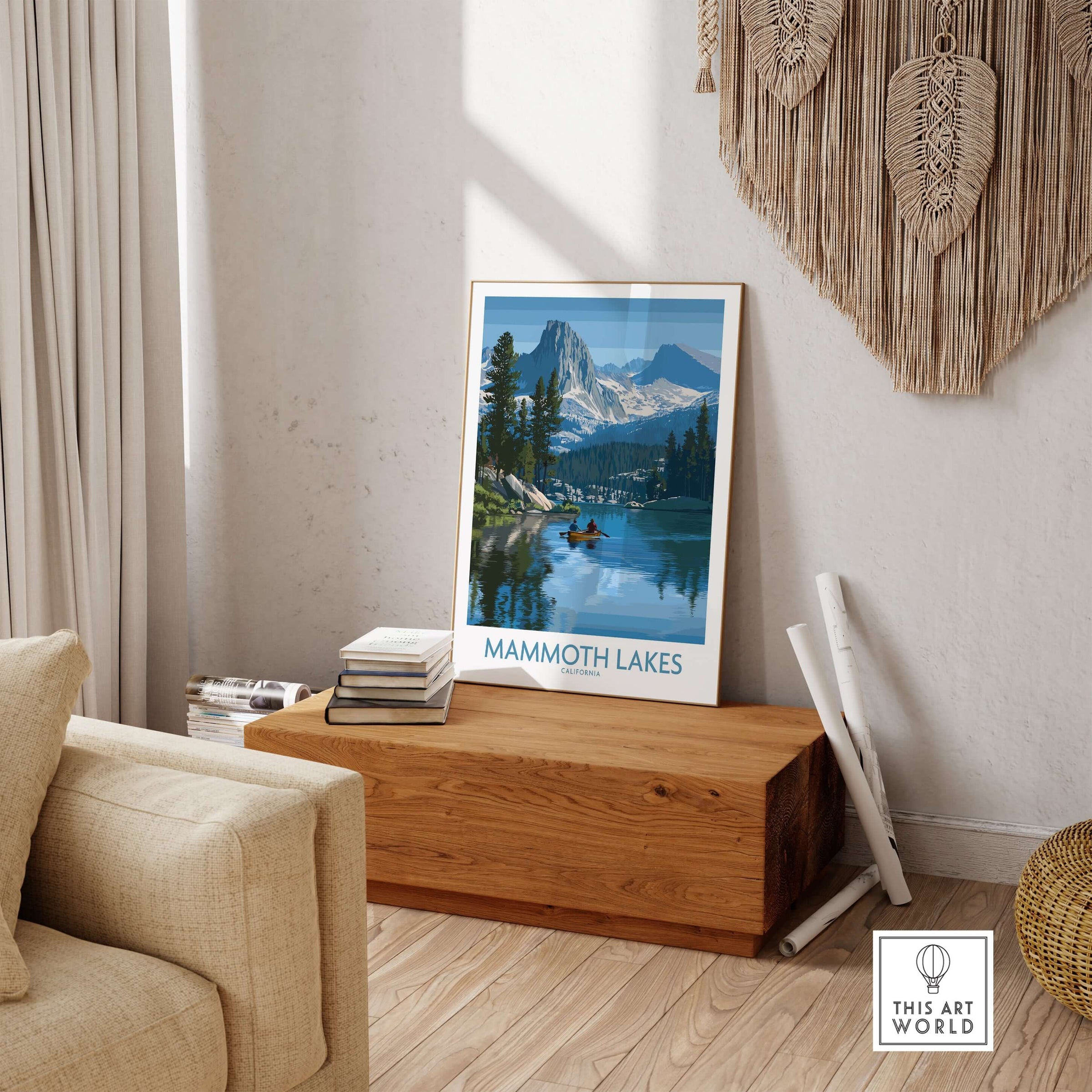 Mammoth Lakes Wal Art - California Travel Print displayed in a cozy living room with nature-inspired decor.