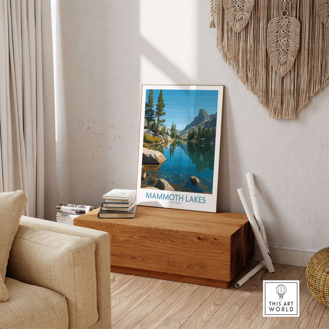 Mammoth Lakes California wall art print featuring mountains and serene lake views in a cozy living room setting.