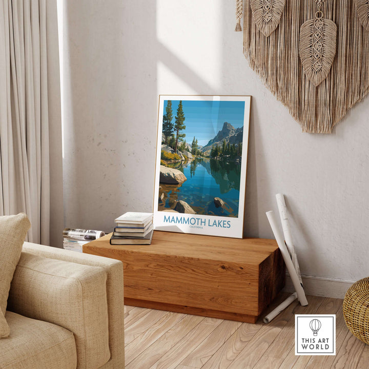 Mammoth Lakes California wall art print featuring mountains and serene lake views in a cozy living room setting.