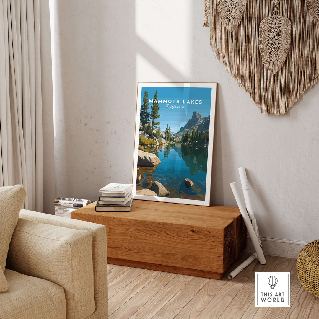 Mammoth Lakes California poster showcasing mountains and lake, enhancing home decor with nature's beauty.