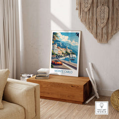 Monte Carlo Wall Art Monaco Travel Poster displayed in a stylish living room setting with luxury décor.