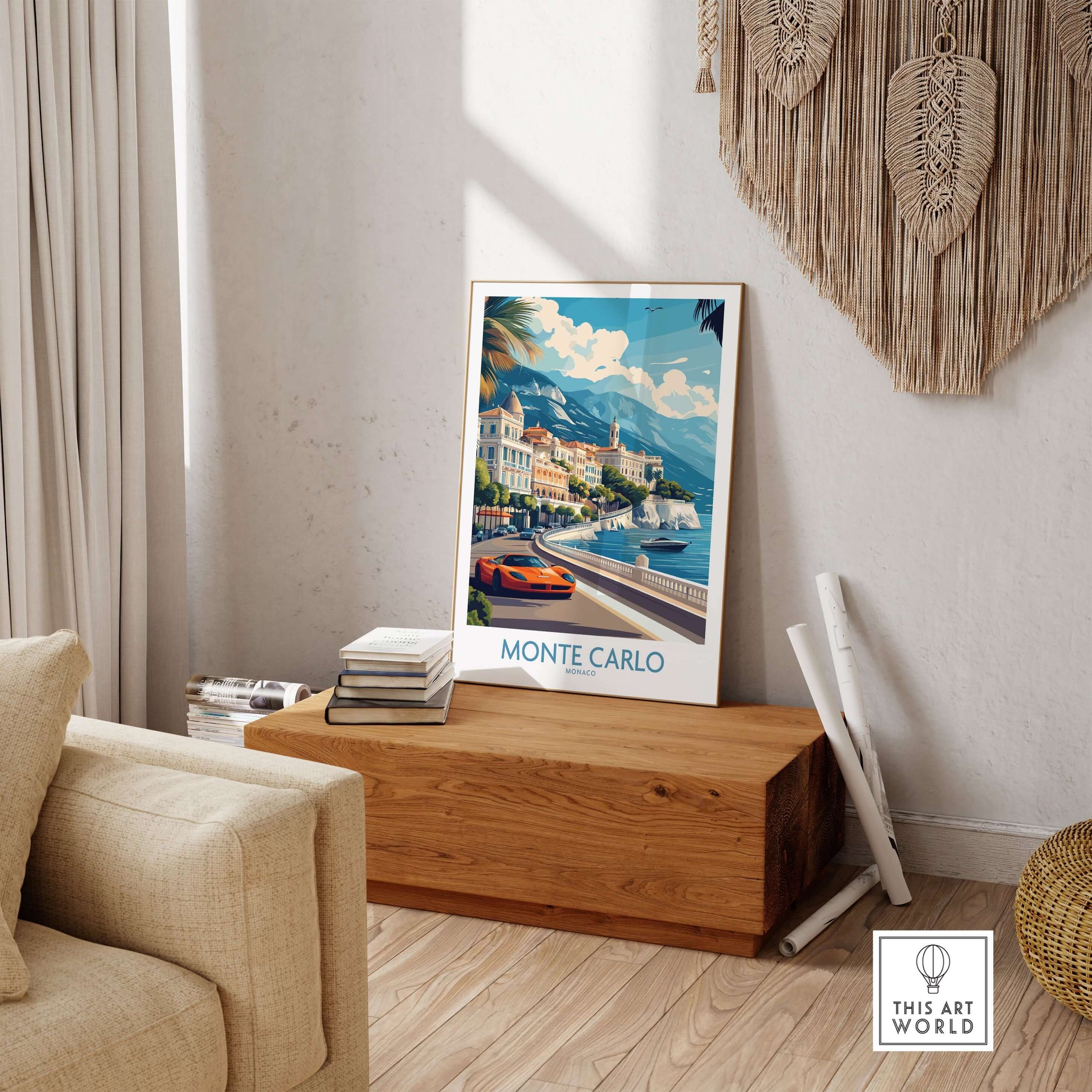 Monte Carlo Wall Art Monaco Travel Poster displayed in a stylish living room setting with luxury décor.