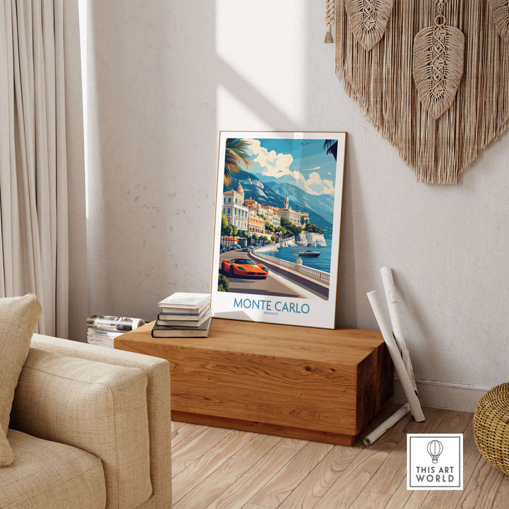 Monte Carlo travel poster showcasing elegant architecture and Mediterranean scenery in a stylish home setting.