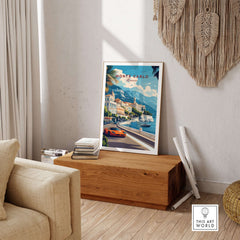 Monte Carlo Print Monaco - Riviera Travel Poster displayed in a stylish living room setting.