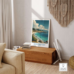 Monterey Bay California Poster - California Travel Print displayed in a cozy living room setting.